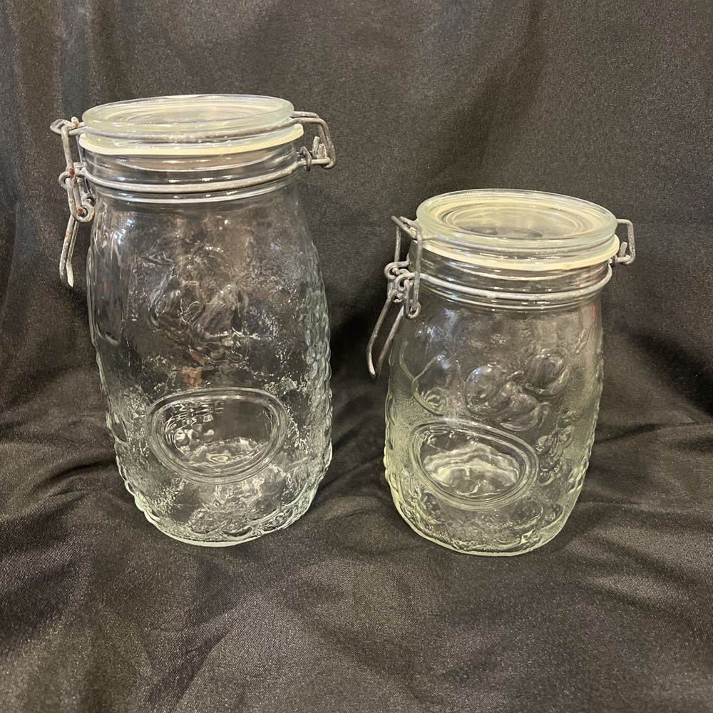 Wheaton 1.5 L & 1 L  Jars Canister Fruit Embossed Clear Glass‎ Wire Clasp Seal